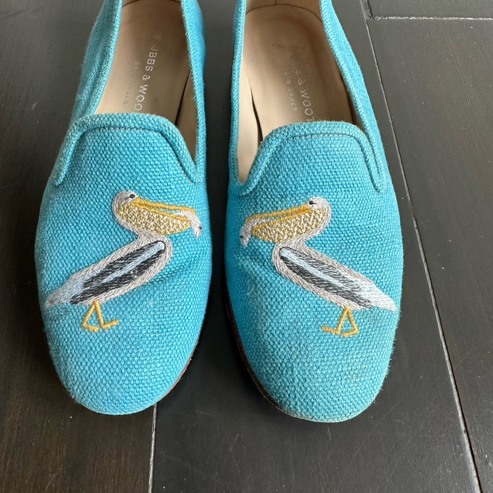 Stubbs & Wootton Blue and Yellow Flats with Banana Embroidery